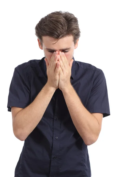 Ashamed or worried man covering mouth with his hands — Stock Photo, Image