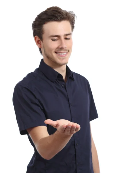 Hombre de negocios sosteniendo y buscando alguna cosa en blanco — Foto de Stock