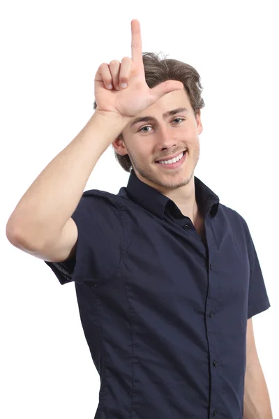 Hombre haciendo gesto de perdedor con su mano — Foto de Stock