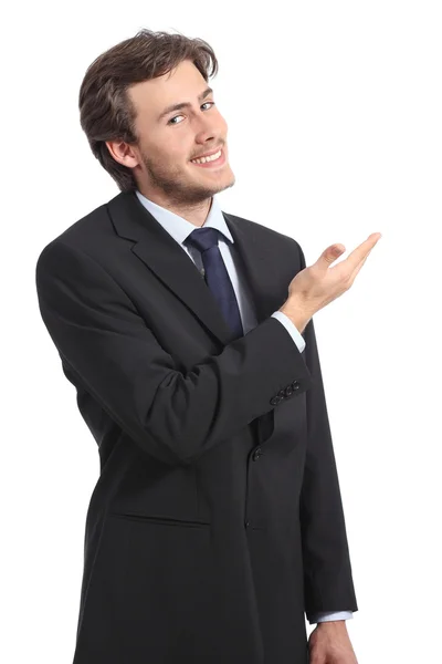 Young businessman presenting a blank promotion — Stock Photo, Image