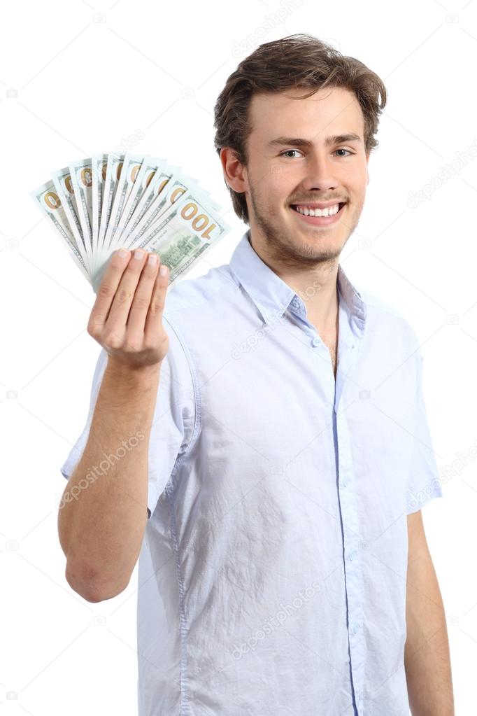 Happy young business man holding dollar banknotes