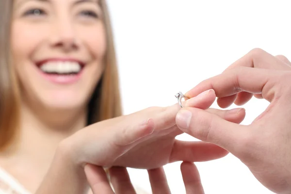 Man putting a engagement ring after proposal — Stockfoto