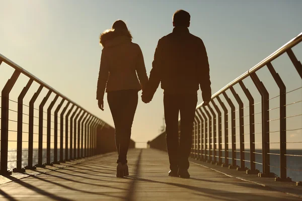 Silueta trasera de una pareja caminando tomados de la mano — Foto de Stock