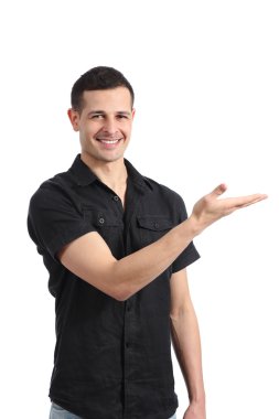 Organizatörü adam yukarı palmiye ile boş bir ürün tanıtımı