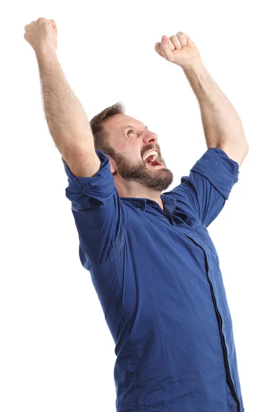 Eufórico feliz hombre levantando brazos aislado —  Fotos de Stock