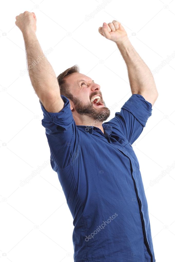 Euphoric happy man raising arms isolated