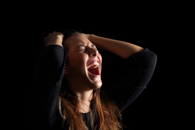 Depressed woman crying and shouting desperate in black clipart