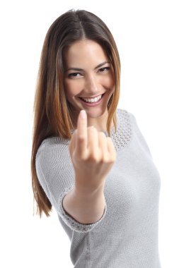 Happy woman gesturing beckoning clipart