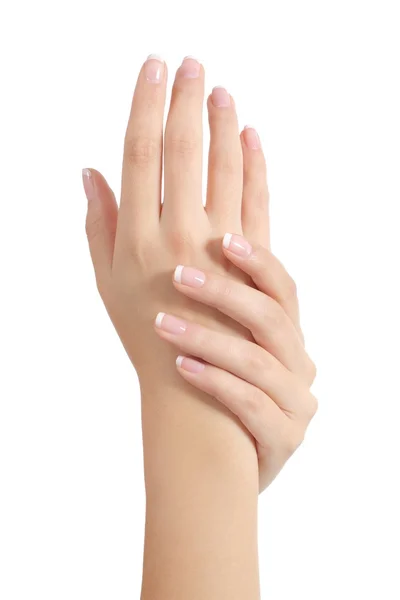Belleza manos de mujer con manicura francesa perfecta —  Fotos de Stock