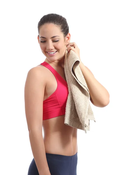 Mulher de aptidão que seca com uma toalha depois do treinamento — Fotografia de Stock