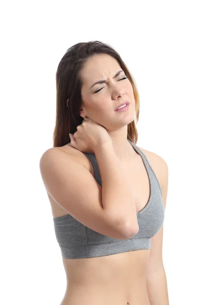 Mujer fitness con dolor de cuello presionando con la mano —  Fotos de Stock