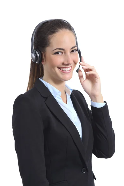 Operador feliz con auriculares atendiendo en el teléfono — Foto de Stock