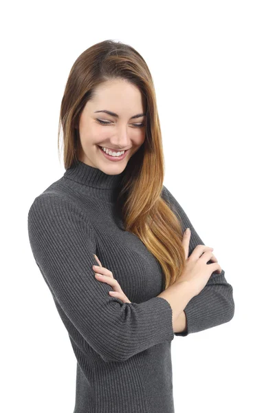 Портрет счастливой откровенной женщины, смеющейся — стоковое фото