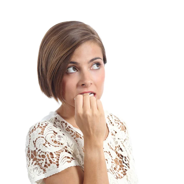 Nervous pensive woman biting nails — Stock Photo, Image
