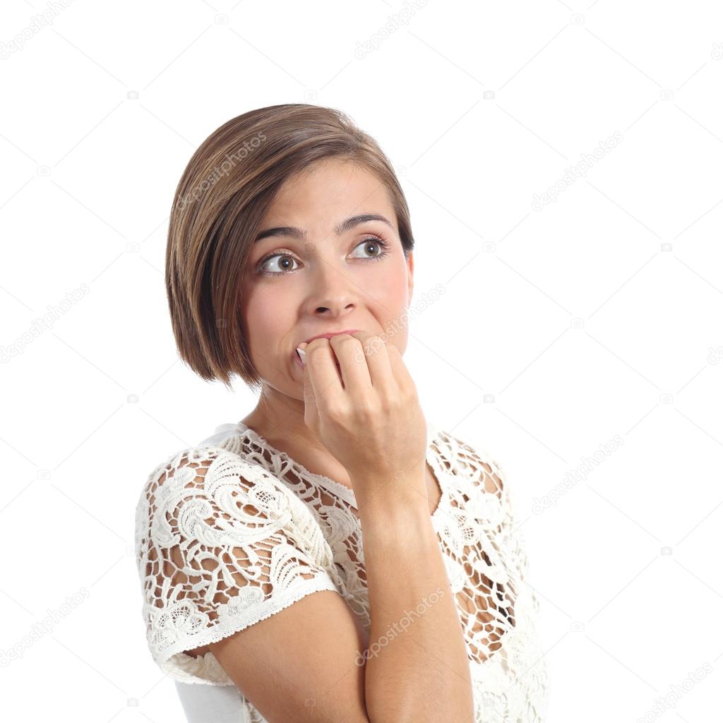 Nervous worried woman biting nails