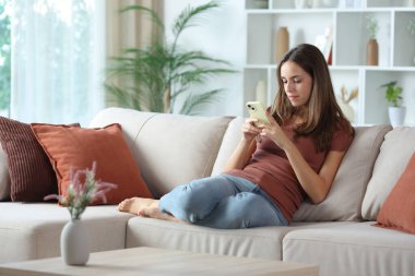 Teras renginde bir kadın cep telefonuyla evdeki koltukta oturuyor.