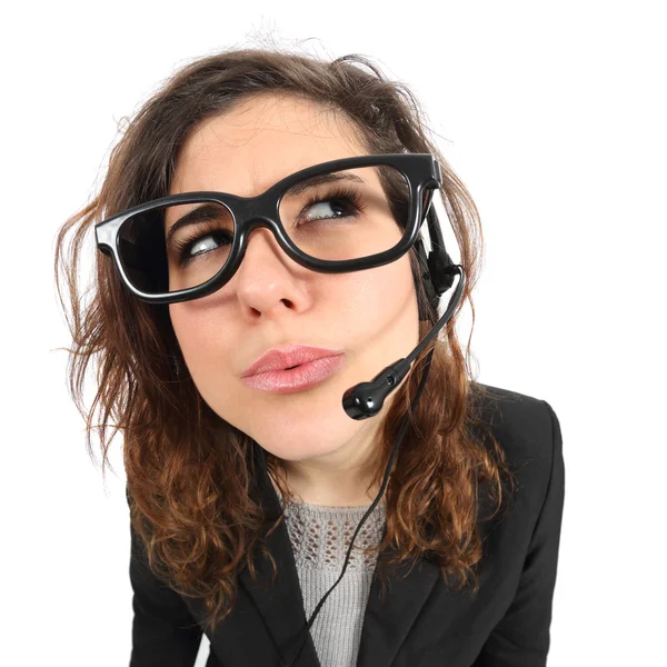 Funny telephone operator agent thinking and looking sideways — Stock Photo, Image