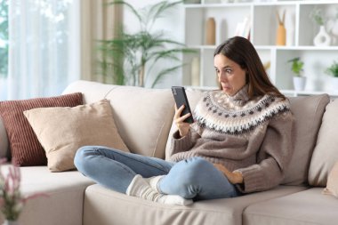 Kışın kafası karışmış bir kadın evdeki bir kanepede oturan telefonu kontrol ediyor.