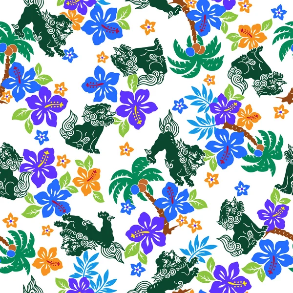 Tropical flower Orient lion pattern — Stock Vector