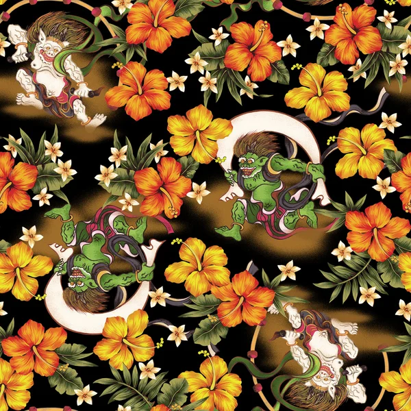 Hibiscus en Japanse God patroon — Stockfoto