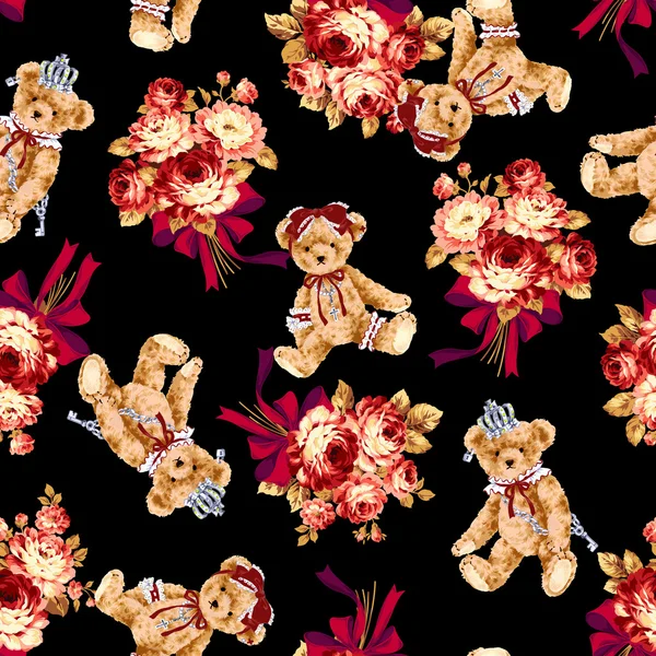 Bear and rose illustration pattern — Stock Photo, Image