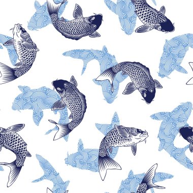 Japon tarzı sazan balığı ve dalganın kusursuz deseni.,