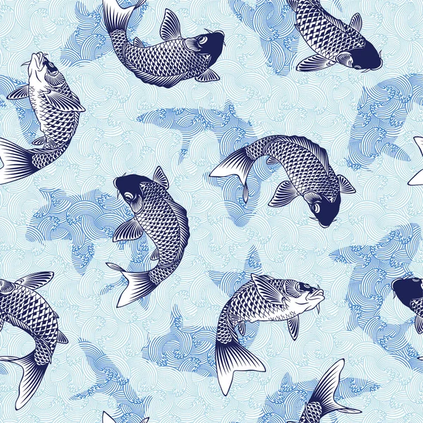 和様の鯉と波のシームレスなパターン — ストックベクタ