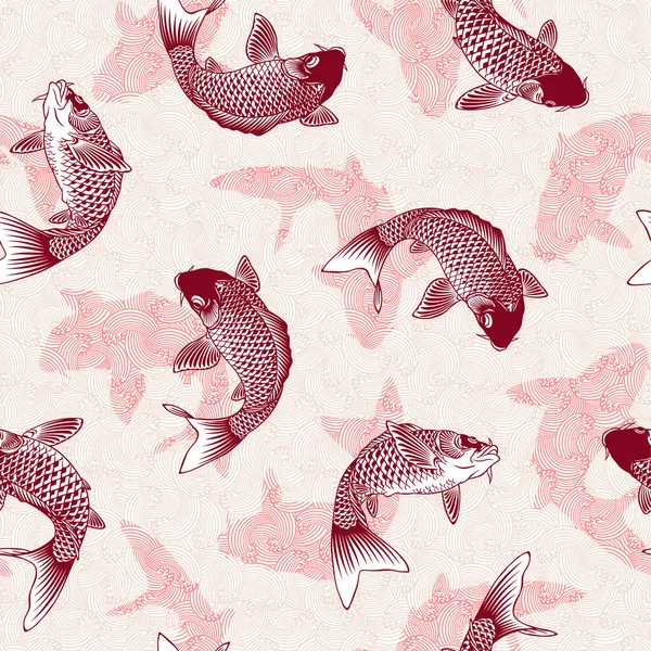 Seamless Pattern Japanese Style Carp Wave — Stock Vector