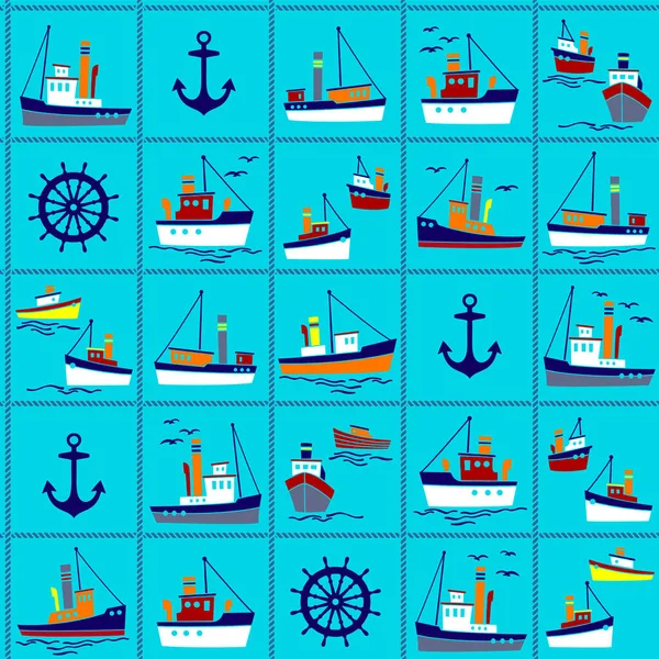 Patrón Inconsútil Los Barcos Que Trabajan Puerto Barco Que Trabaja — Archivo Imágenes Vectoriales
