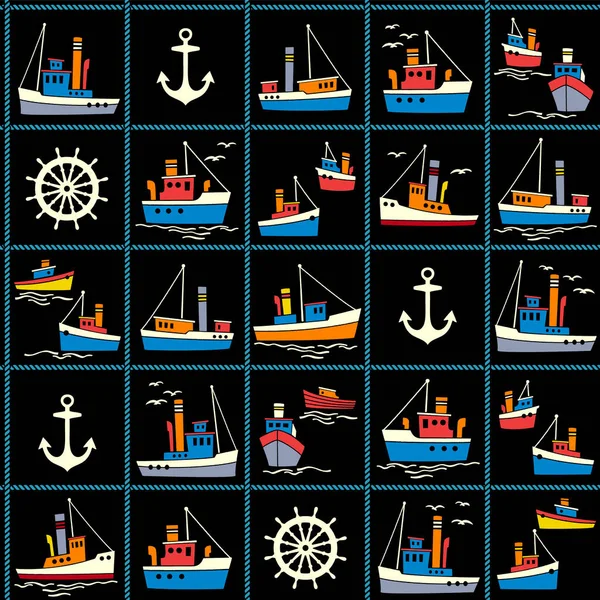 Patrón Inconsútil Los Barcos Que Trabajan Puerto Barco Que Trabaja — Archivo Imágenes Vectoriales