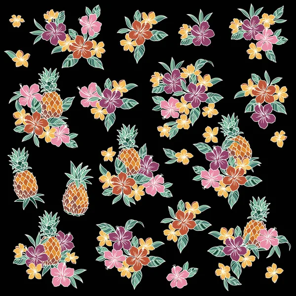 Illustrationsmaterial Samling Hibiskus Och Ananas — Stock vektor