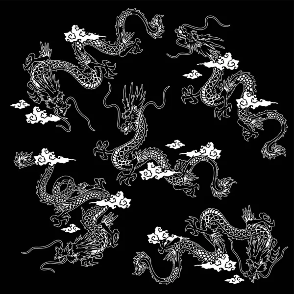 Une Collection Matériaux Représentant Des Dragons Dans Style Japonais — Image vectorielle