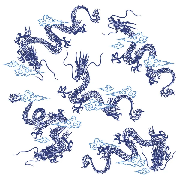 Collection Materials Depicting Dragons Japanese Style — Stock Vector