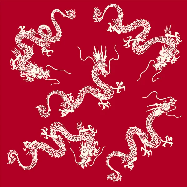 Une Collection Matériaux Représentant Des Dragons Dans Style Japonais — Image vectorielle