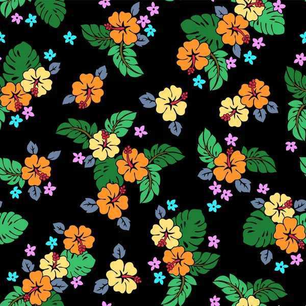 美しい熱帯の花や植物のシームレスなパターン — ストックベクタ