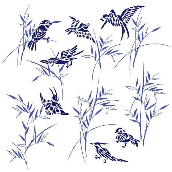 Ilustración de aves de bambú , — Vector de stock