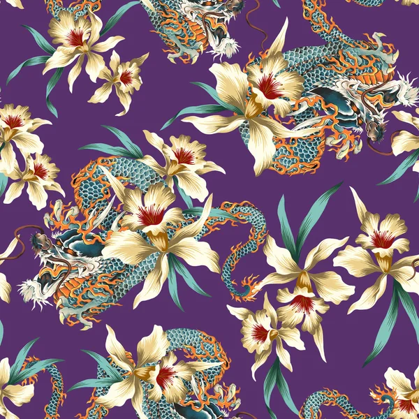 Japanese style dragon tropical flower pattern — Stock Photo, Image
