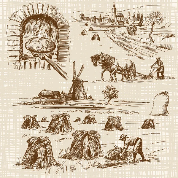 Пекарь, выпечка хлеба, ветряная мельница - коллекция рисованных вручную — стоковая иллюстрация Пекарь, выпечка хлеба, ветряная мельница - коллекция рисованных вручную Лицензионные Стоковые Векторы