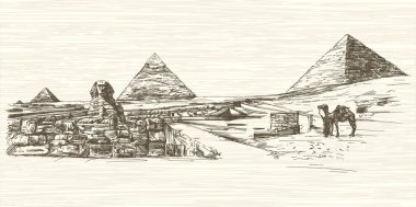 Sfenks ve Khafre, Kahire, Mısır Piramidi. Elle çizilmiş illus