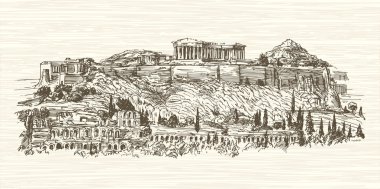 Yunanistan, Atina, Acropolis. Elle çizilmiş illüstrasyon.