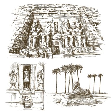 Egyptian monuments. Abu Simbel Temple of Rameses II. Hand drawn  clipart