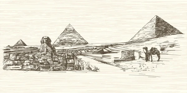 The Sphinx and Pyramid of Khafre, Cairo, Egypt (en inglés). illus dibujado a mano — Vector de stock