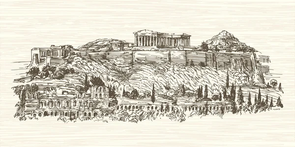 Yunanistan, Atina, Acropolis. Elle çizilmiş illüstrasyon. — Stok Vektör