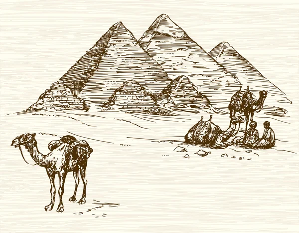 Pyramid av Cheops, Mykerinos, Chefren, Kairo, Egypten. Handritad sjuk — Stock vektor