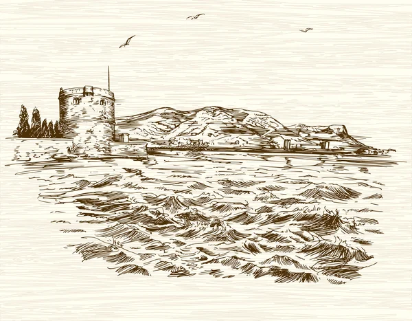 Torre defensiva en el mar Mediterráneo. ilustración dibujada a mano . — Vector de stock