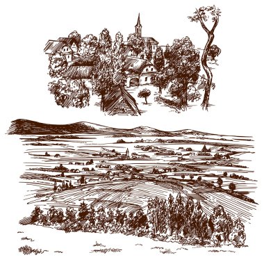 Kır evi ile kırsal manzara.