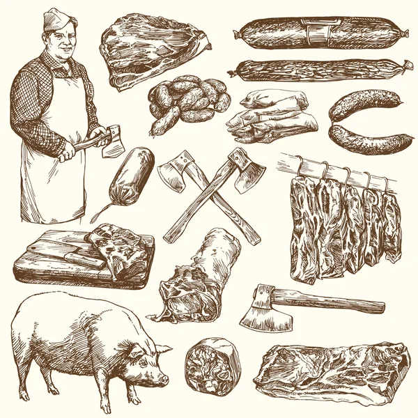 Vlees, slager. Hand getrokken vectorillustratie — Stockvector