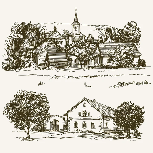 Ländliche Dorflandschaft, Bauernhof. Handgezeichnetes Set. — Stockvektor