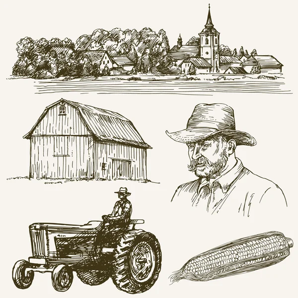 Ferme, village rural. Collection dessinée à la main . — Image vectorielle