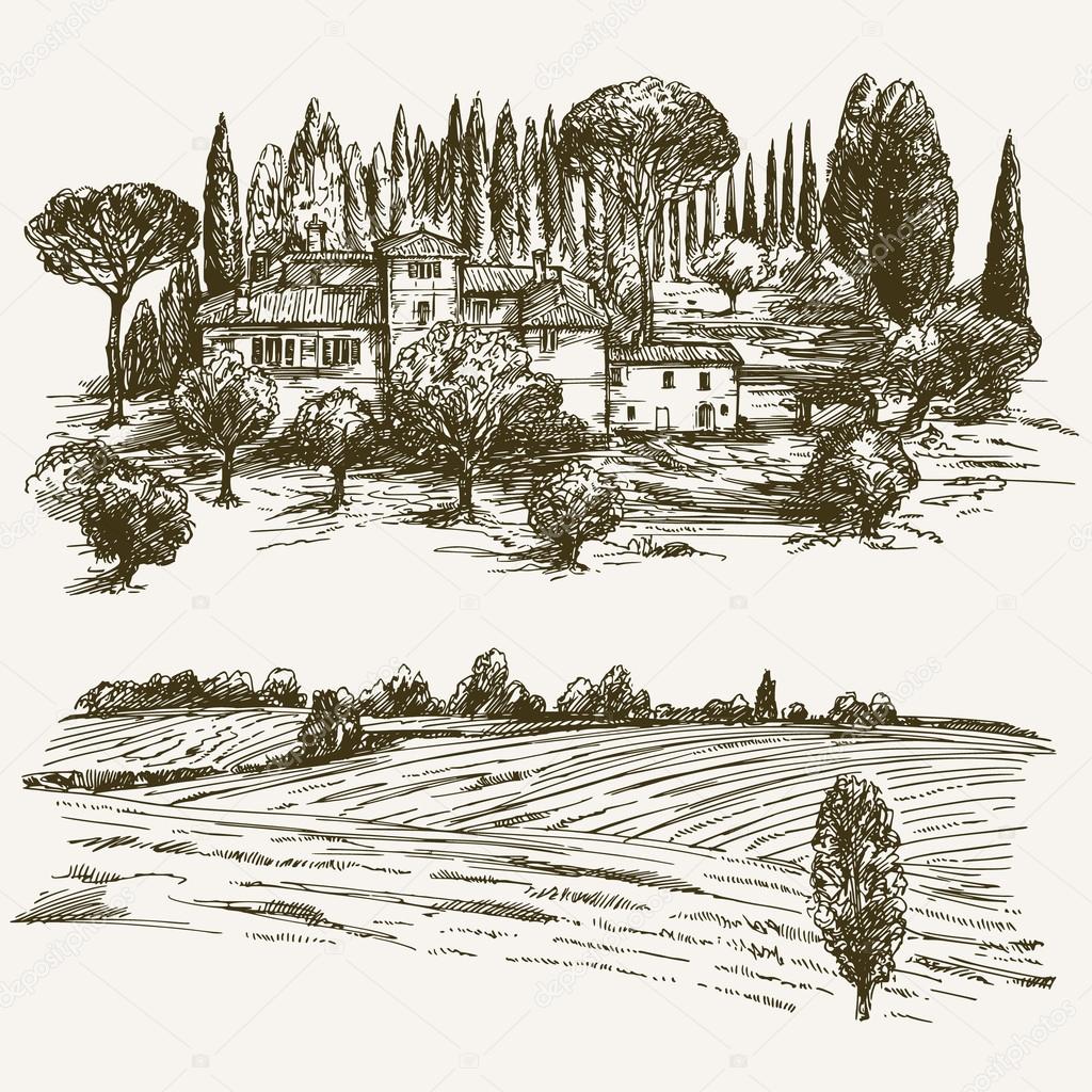 Rural landscape with country house.